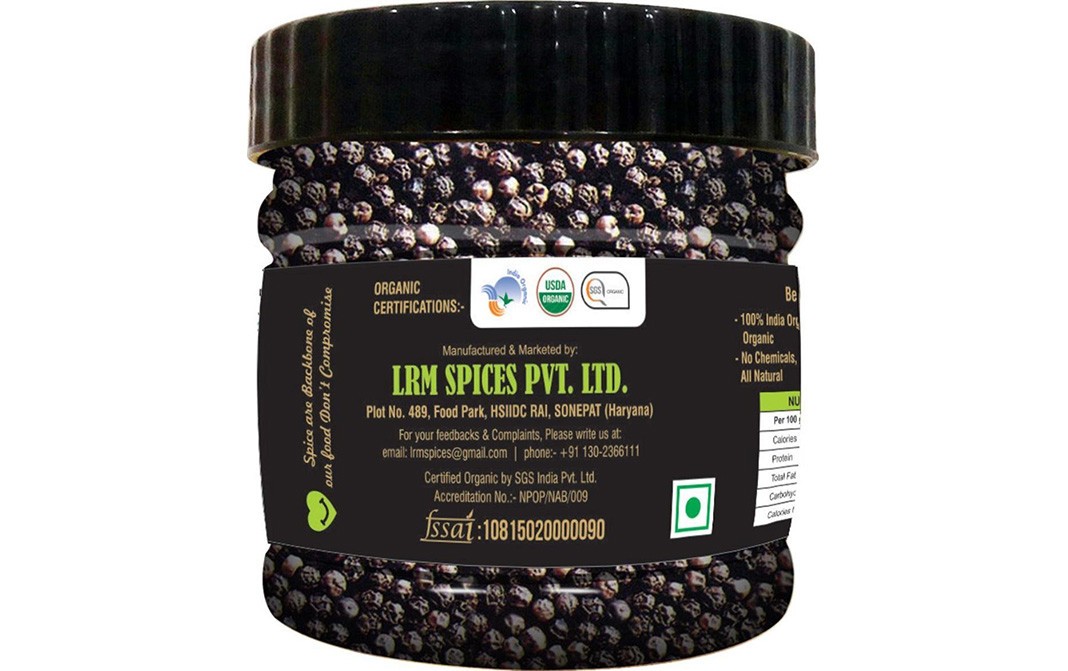 Organic LRM Cold Grinded Black Pepper    Glass Jar  100 grams